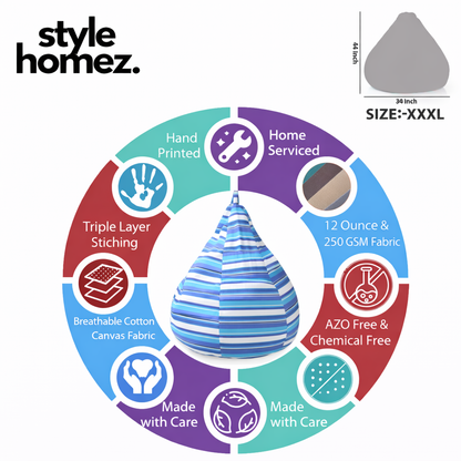 Style Homez Classic Cotton Canvas Stripes Printed Bean Bag XXXL Size Filled with Bean Refill Fillers