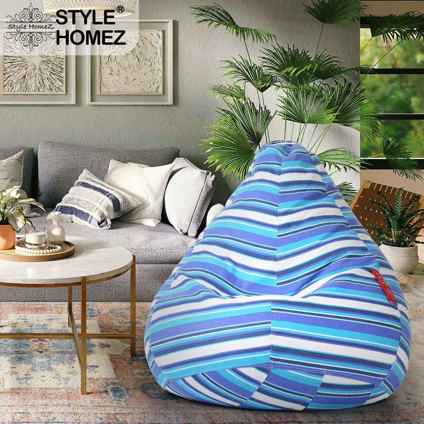 Style Homez Classic Cotton Canvas Stripes Printed Bean Bag XXXL Size Filled with Bean Refill Fillers
