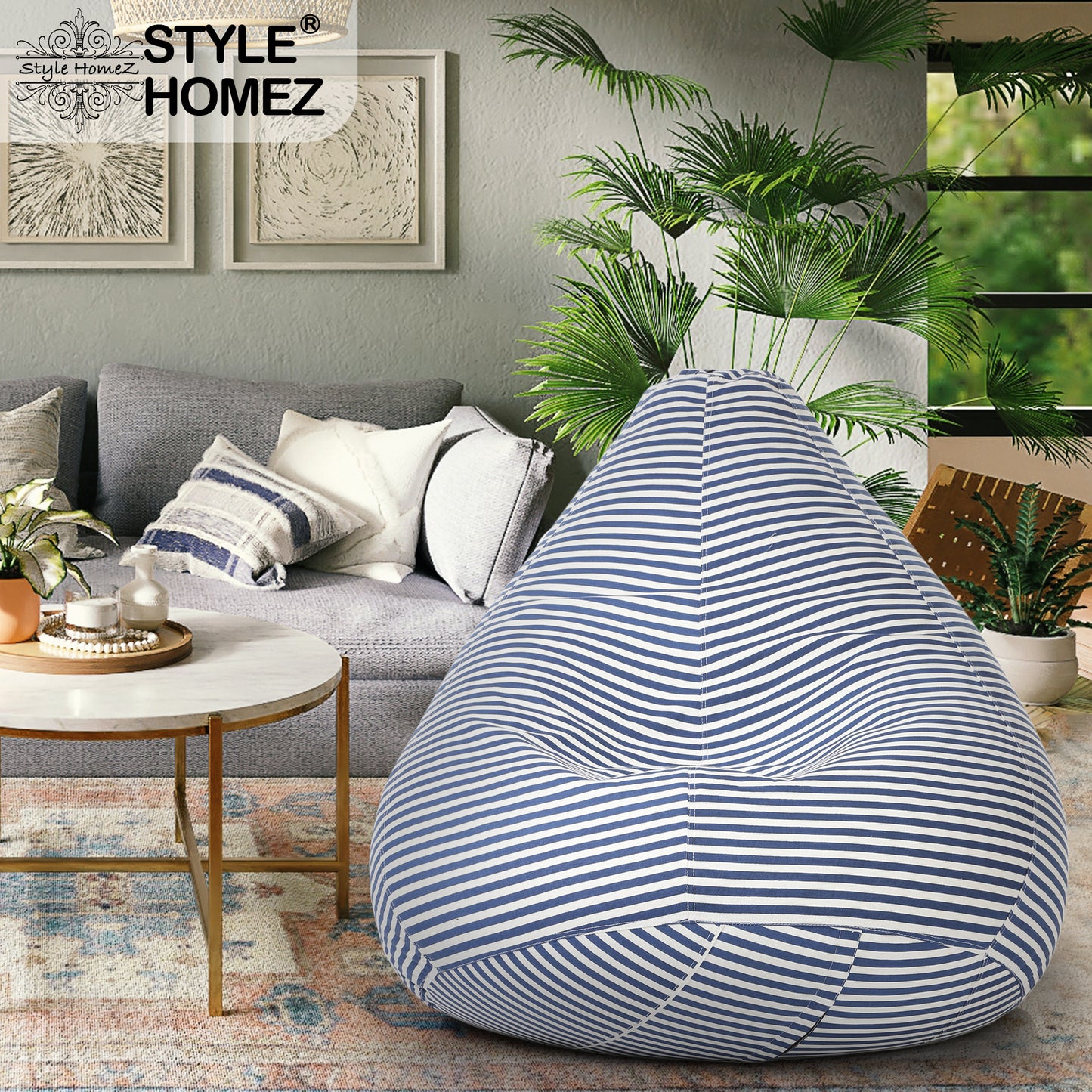 Style Homez Classic Cotton Canvas Stripes Printed Bean Bag XXXL Size Filled with Bean Refill Fillers
