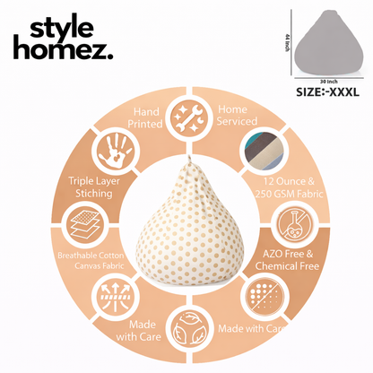 Style Homez Classic Cotton Canvas Polka Dots Printed Bean Bag XXXL  Size Filled with Bean Refill Fillers