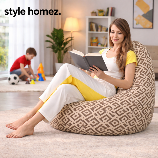 Style Homez Classic Cotton Canvas Geometric Printed Bean Bag XXXL Size Filled with Bean Refill Fillers