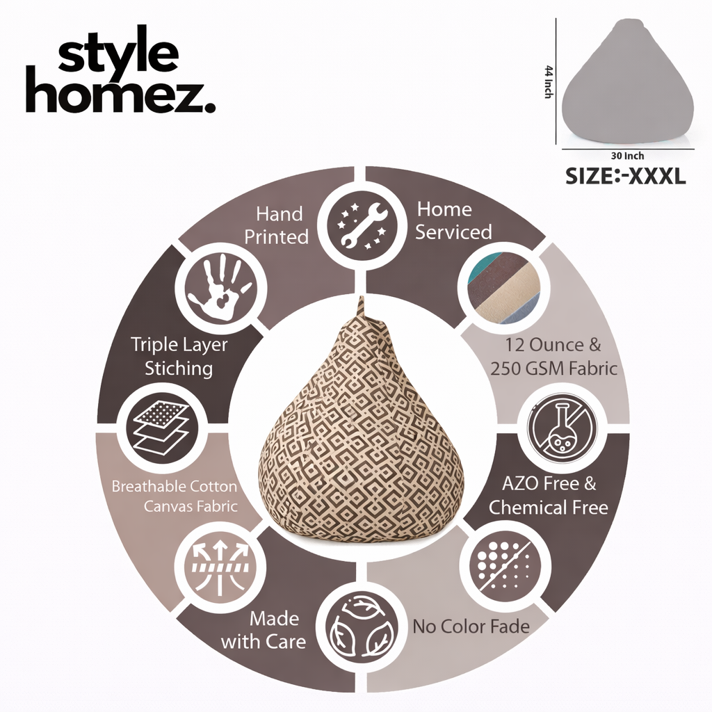 Style Homez Classic Cotton Canvas Geometric Printed Bean Bag XXXL Size Filled with Bean Refill Fillers