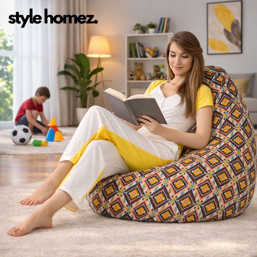 Style Homez Classic Cotton Canvas Geometric Printed Bean Bag XXXL Size Filled with Bean Refill Fillers