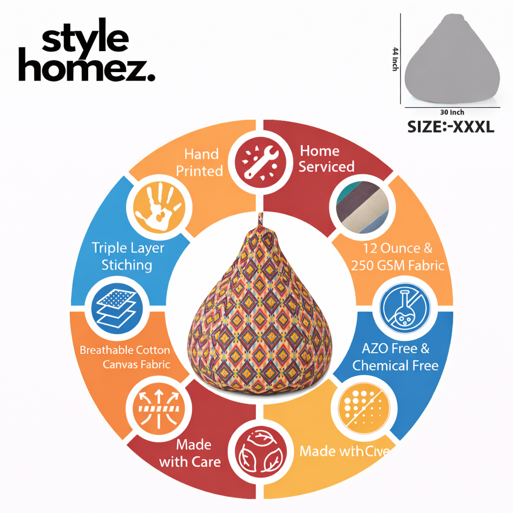 Style Homez Classic Cotton Canvas Geometric Printed Bean Bag XXXL Size Filled with Bean Refill Fillers