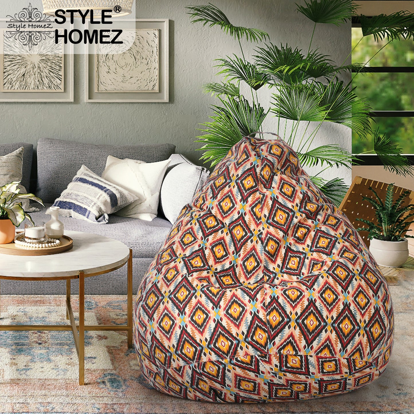 Style Homez Classic Cotton Canvas Geometric Printed Bean Bag XXXL Size Filled with Bean Refill Fillers