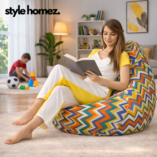 Style Homez Classic Cotton Canvas Geometric Printed Bean Bag XXXL Size Filled with Bean Refill Fillers