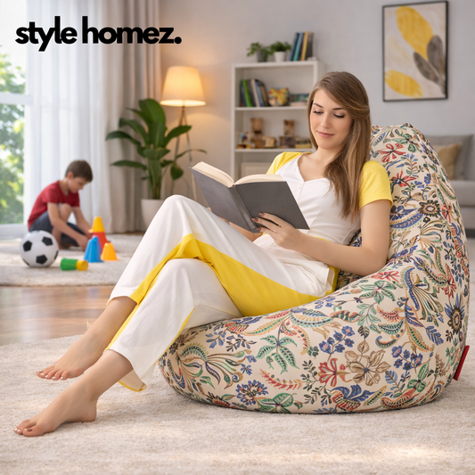 Style Homez Classic Cotton Canvas Floral Printed Bean Bag XXXL Size Filled with Bean Refill Fillers