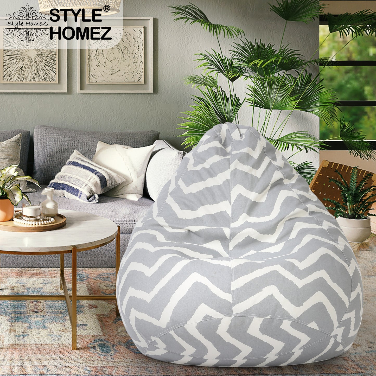Style Homez Classic Cotton Canvas Stripes Printed Bean Bag XXXL Size Filled with Bean Refill Fillers
