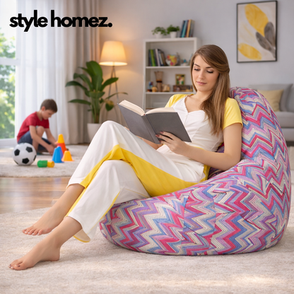 Style Homez Classic Cotton Canvas Geometric Printed Bean Bag XXXL Size Filled with Bean Refill Fillers