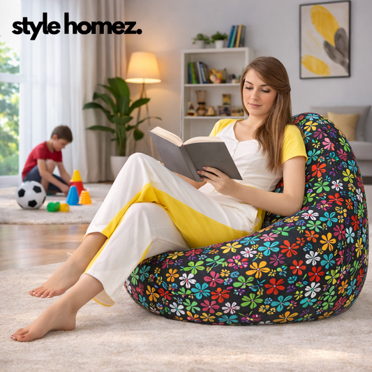 Style Homez Classic Cotton Canvas Floral Printed Bean Bag XXXL Size Filled with Bean Refill Fillers