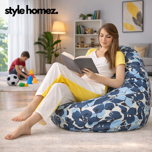 Style Homez Classic Cotton Canvas Floral Printed Bean Bag XXXL Size Filled with Bean Refill Fillers