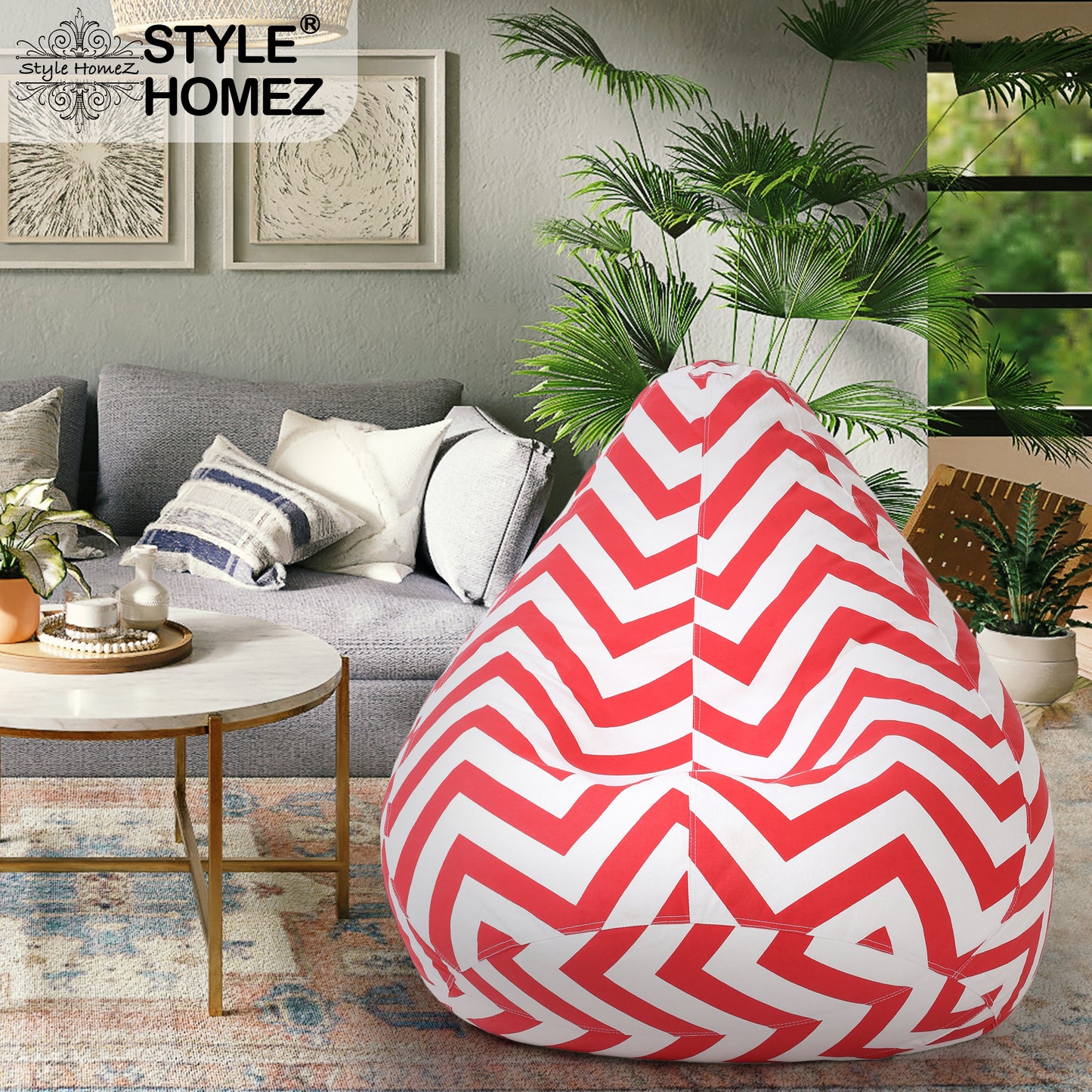 Style Homez Classic Cotton Canvas Stripes Printed Bean Bag XXXL Size Filled with Bean Refill Fillers