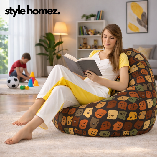 Style Homez Classic Cotton Canvas Abstract Printed Bean Bag XXXL Size Filled with Bean Refill Fillers