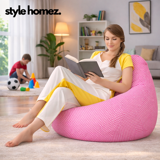 Style Homez Classic Cotton Canvas Polka Dots Printed Bean Bag XXXL Size Filled with Bean Refill Fillers