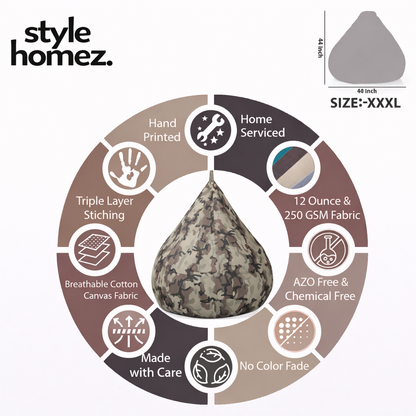 Style Homez Classic Cotton Canvas Camouflage Printed Bean Bag XXXL Size Filled with Bean Refill Fillers