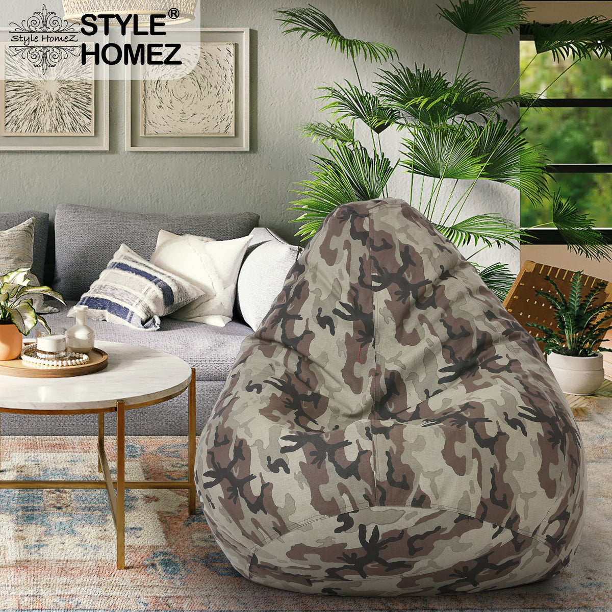 Style Homez Classic Cotton Canvas Camouflage Printed Bean Bag XXXL Size Filled with Bean Refill Fillers