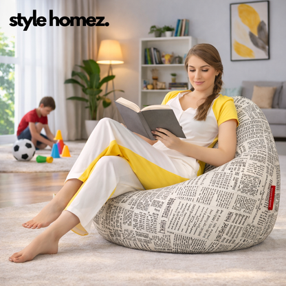 Style Homez Classic Cotton Canvas Newspaper Printed Bean Bag XXXL Size Filled with Bean Refill Fillers