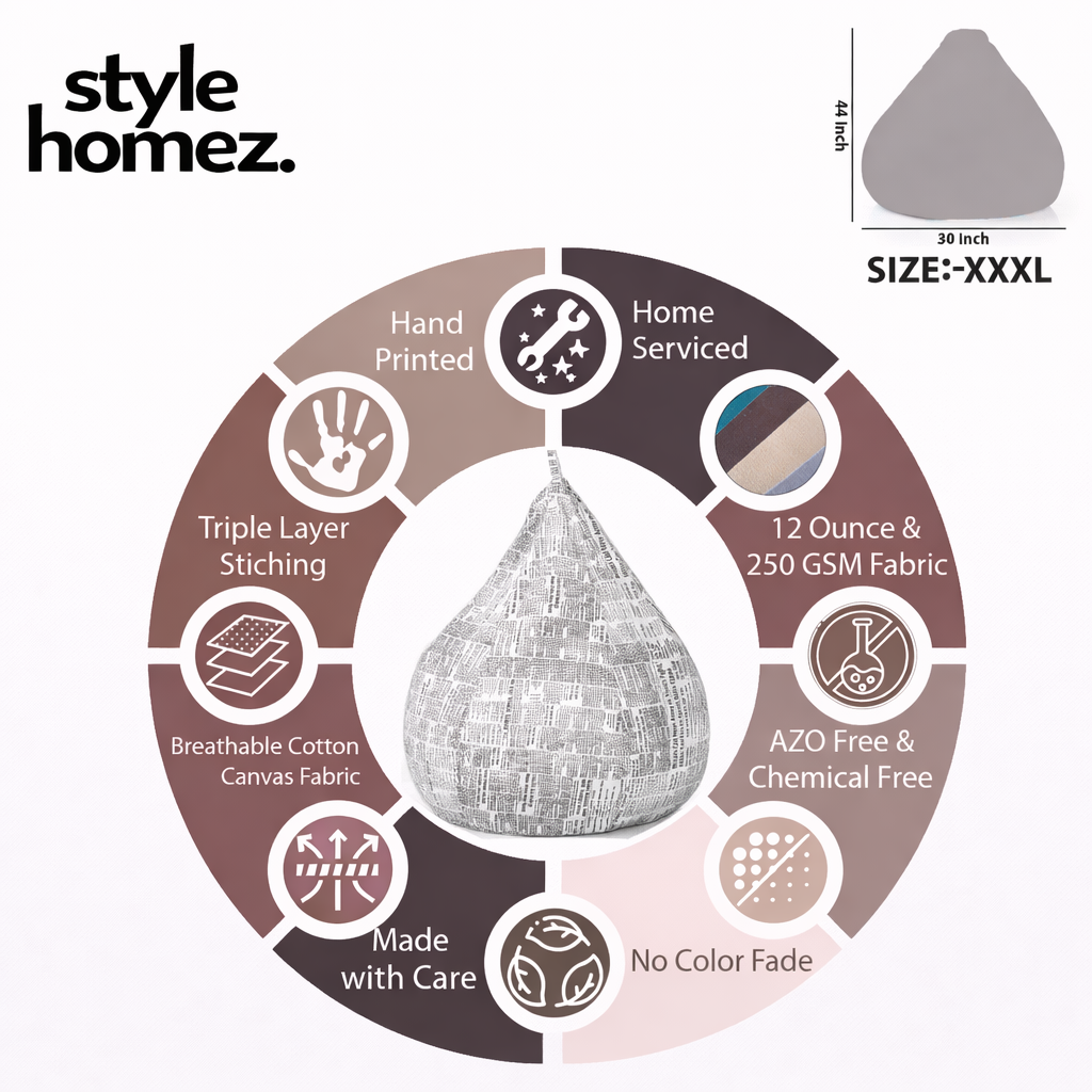 Style Homez Classic Cotton Canvas Newspaper Printed Bean Bag XXXL Size Filled with Bean Refill Fillers