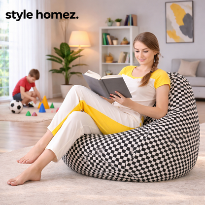 Style Homez Classic Cotton Canvas Checkered Printed Bean Bag XXXL Size Filled with Bean Refill Fillers
