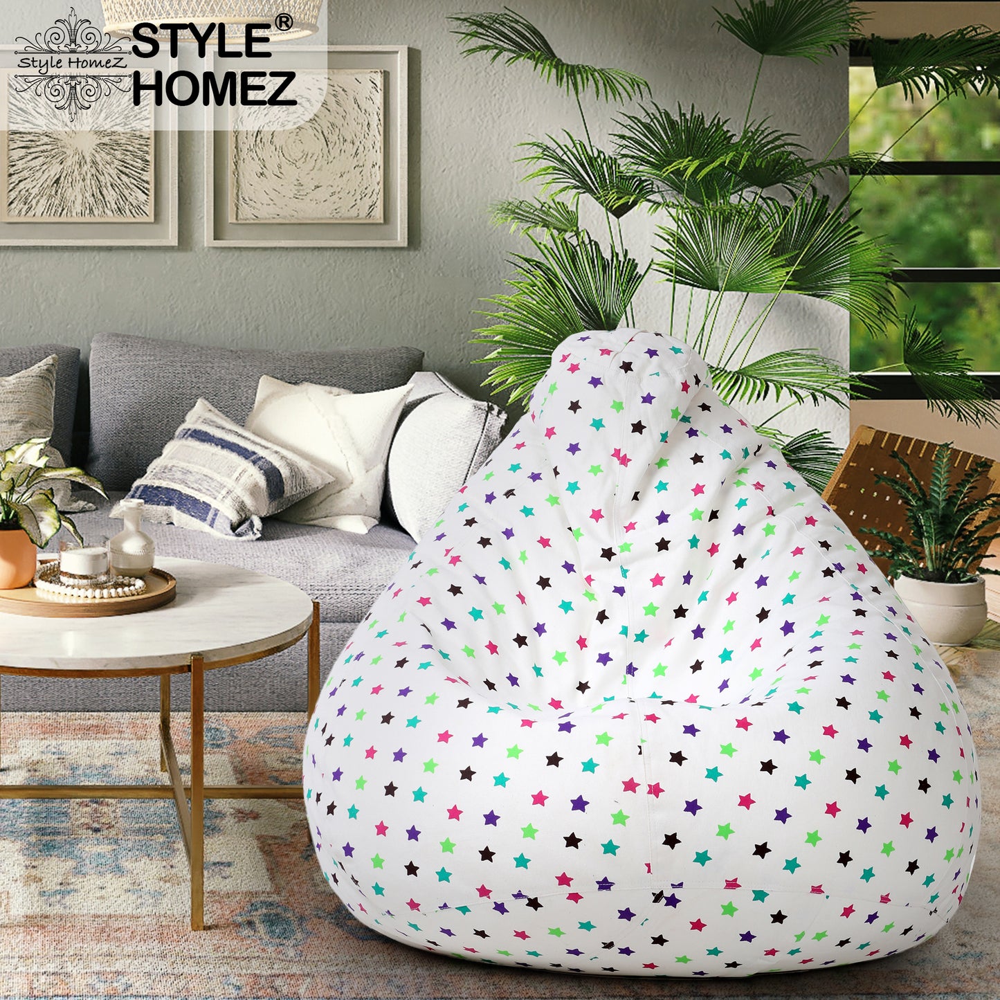 Style Homez Classic Cotton Canvas Star Printed Bean Bag XXXL Size Filled with Bean Refill Fillers