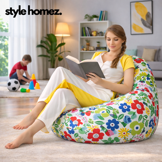 Style Homez Classic Cotton Canvas Floral Printed Bean Bag XXXL Size Filled with Bean Refill Fillers