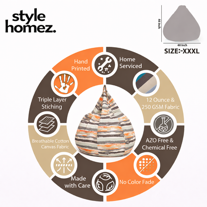 Style Homez Classic Cotton Canvas Stripes Printed Bean Bag XXXL Size Filled with Bean Refill Fillers