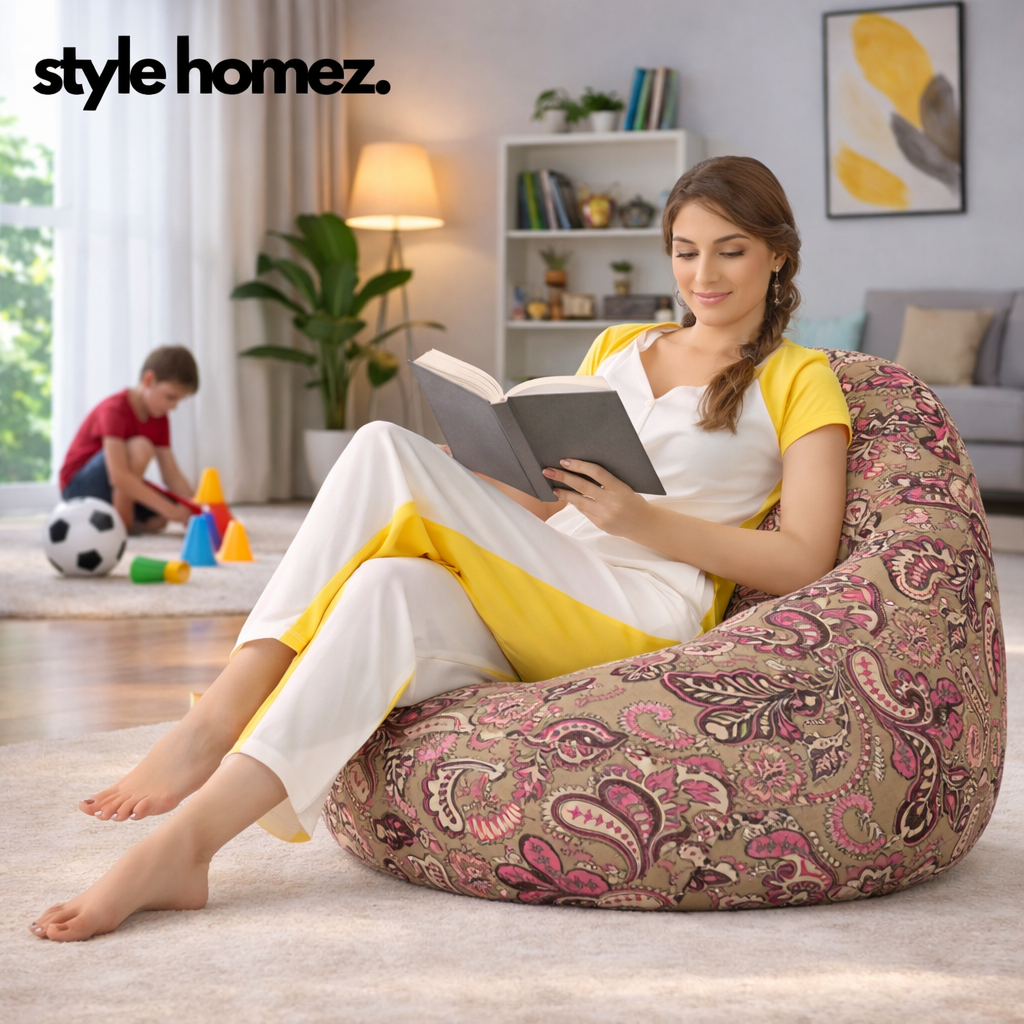 Style Homez Classic Cotton Canvas Paisley Printed Bean Bag XXXL Size Filled with Bean Refill Fillers