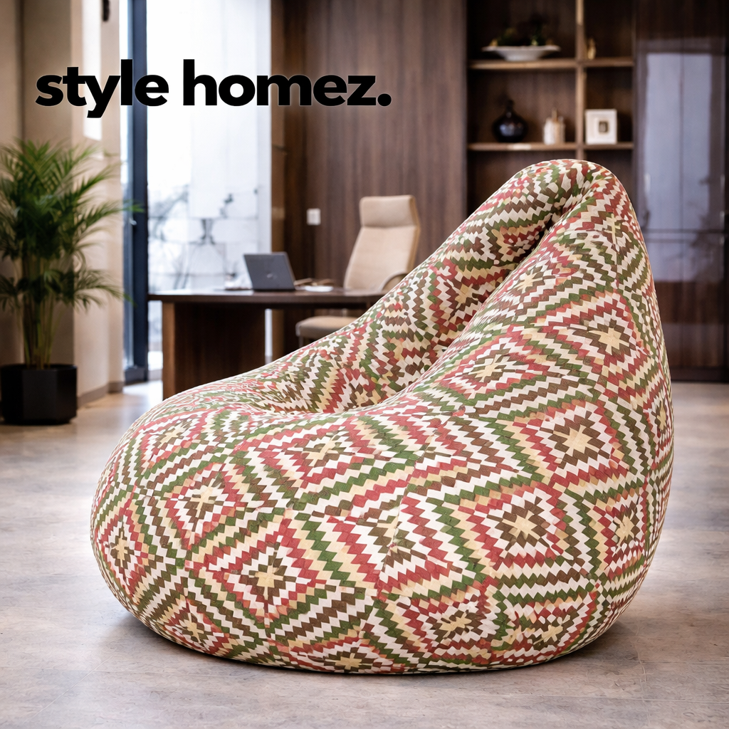Style Homez Classic Cotton Canvas IKAT Printed Bean Bag XXXL Size Filled with Bean Refill Fillers
