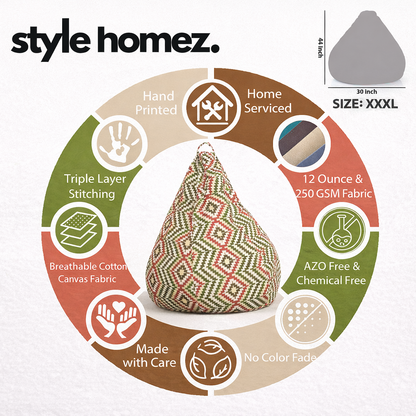 Style Homez Classic Cotton Canvas IKAT Printed Bean Bag XXXL Size Filled with Bean Refill Fillers