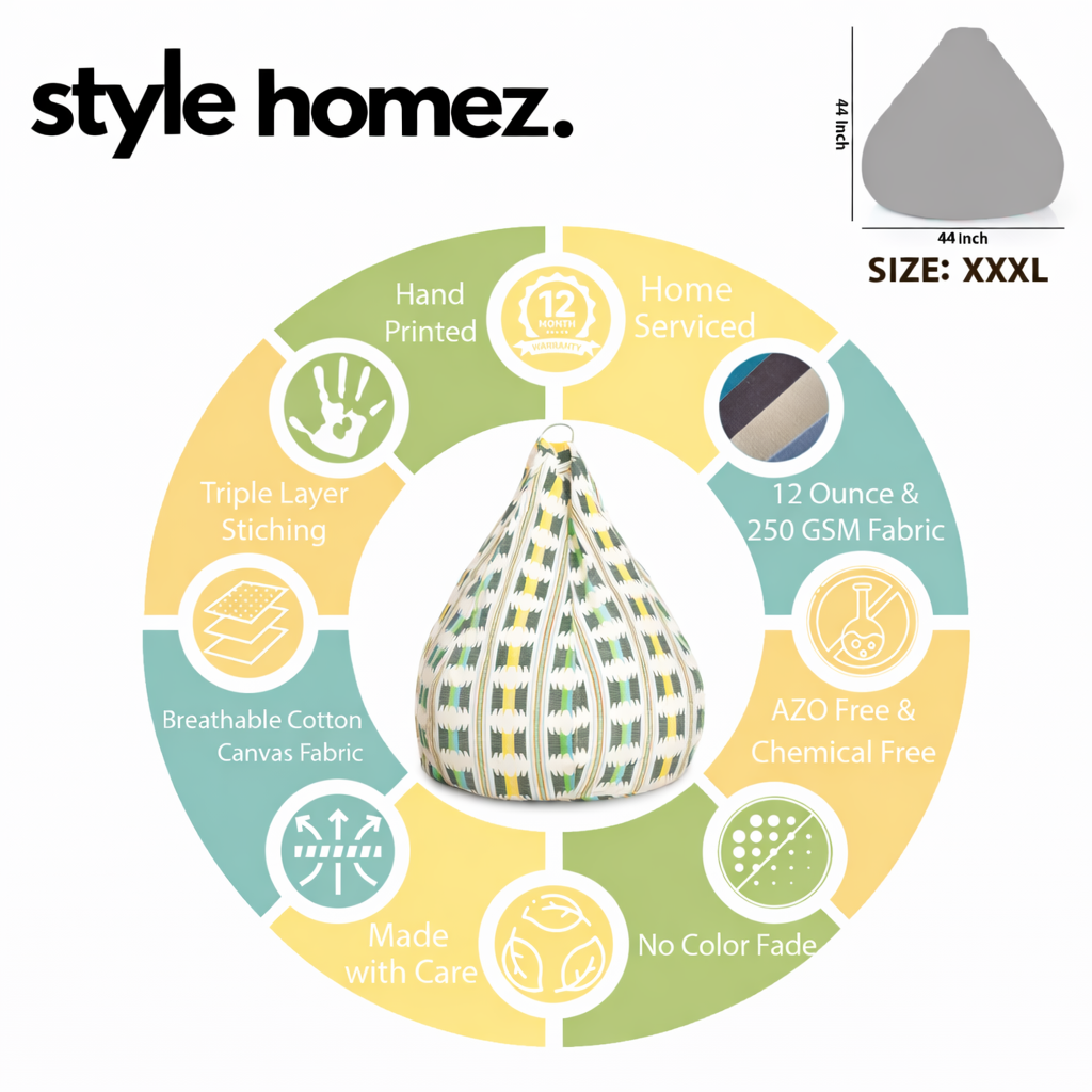 Style Homez Classic Cotton Canvas IKAT Printed Bean Bag XXXL Size Filled with Bean Refill Fillers