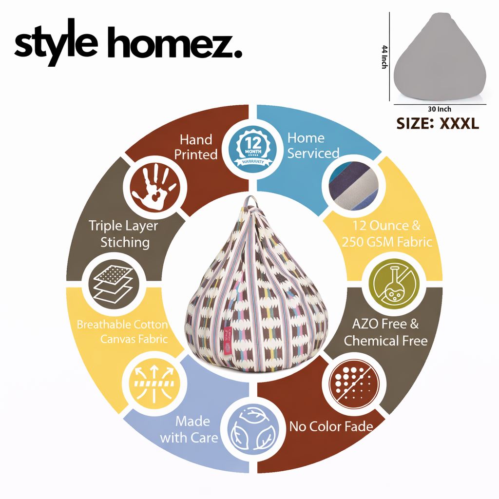 Style Homez Classic Cotton Canvas IKAT Printed Bean Bag XXXL Size Filled with Bean Refill Fillers