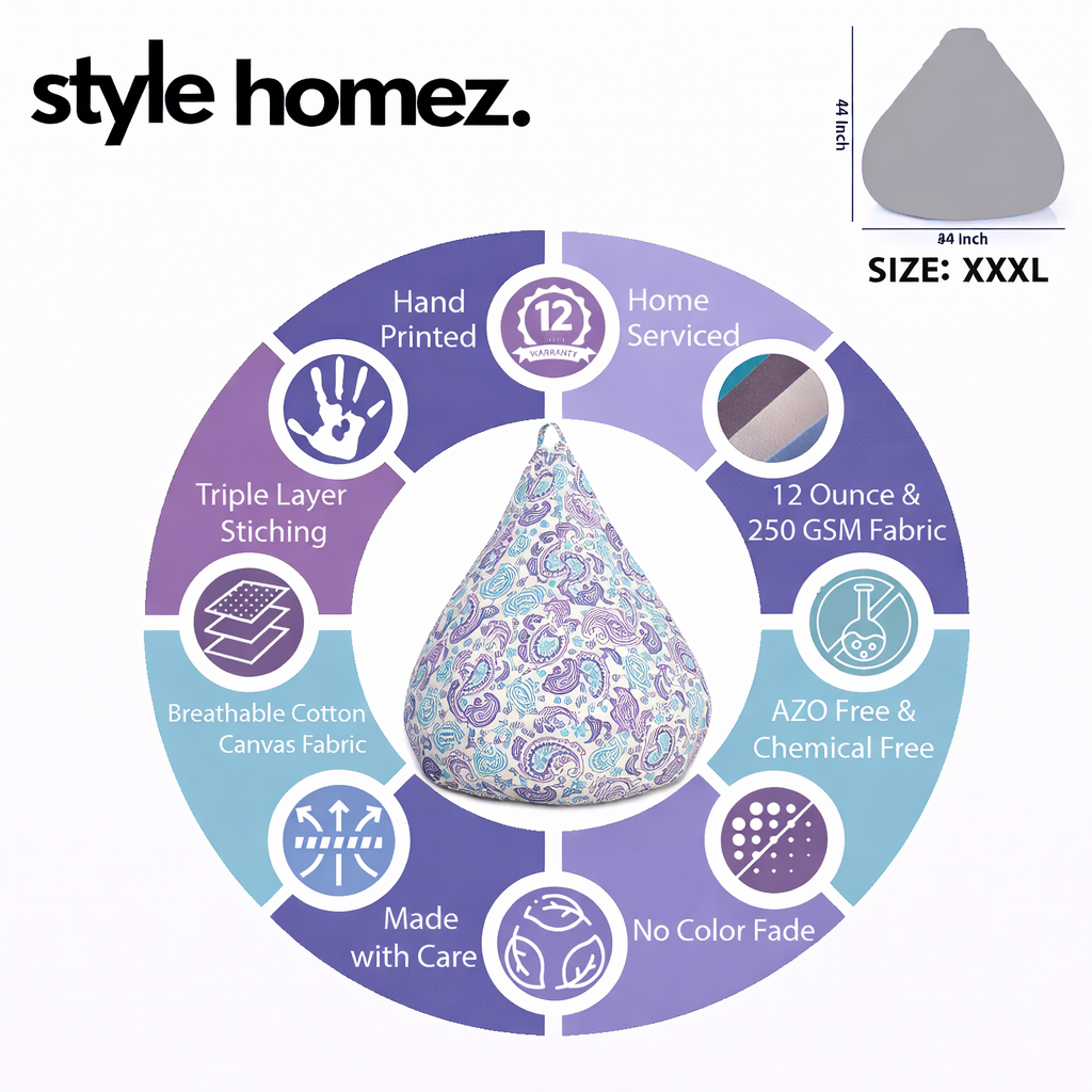 Style Homez Classic Cotton Canvas Paisley Printed Bean BagXXXL Size Filled with Bean Refill Fillers