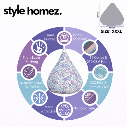 Style Homez Classic Cotton Canvas Paisley Printed Bean BagXXXL Size Filled with Bean Refill Fillers