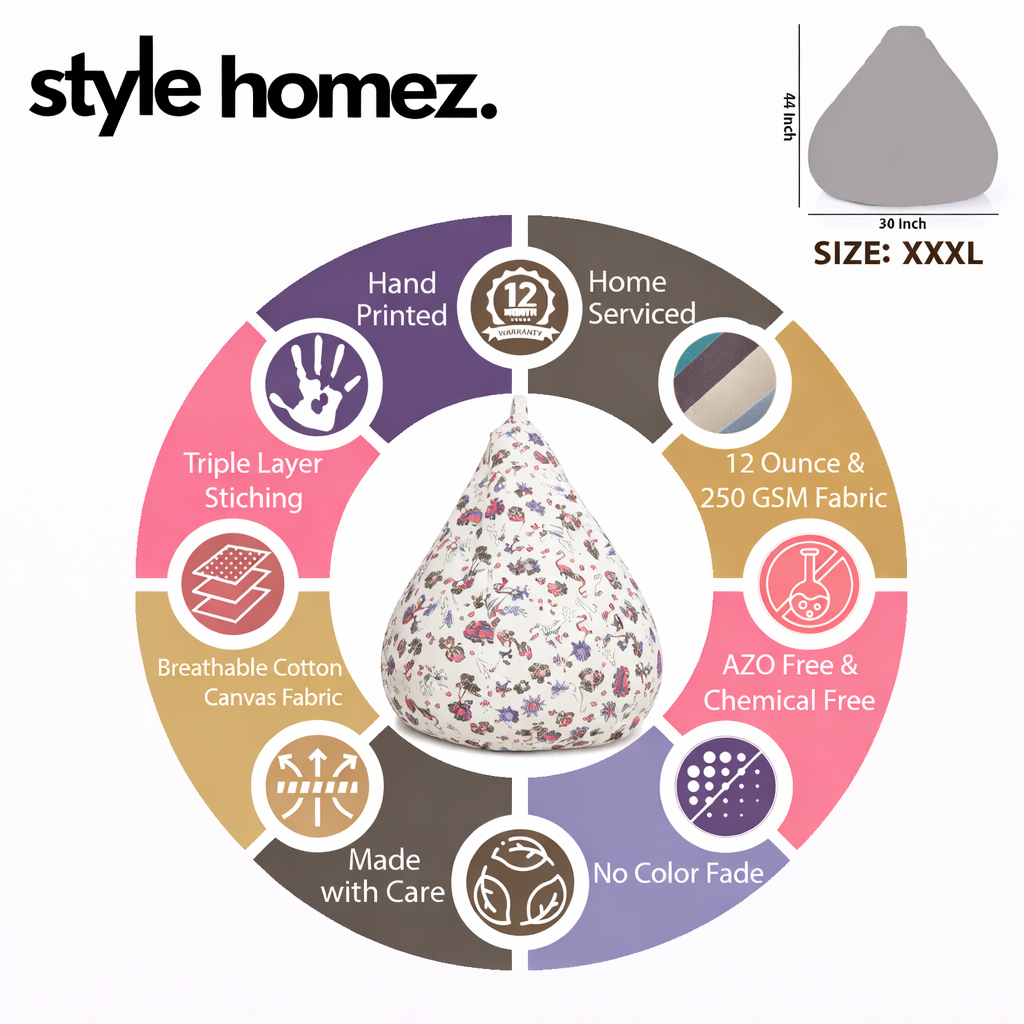 Style Homez Classic Cotton Canvas Abstract Printed Bean Bag XXXL Size Filled with Bean Refill Fillers