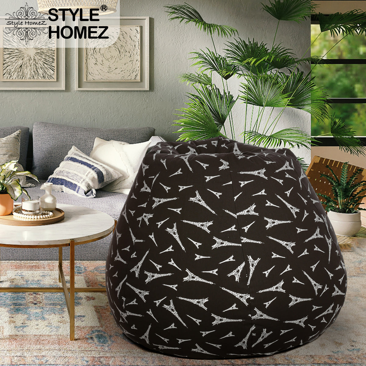 Style Homez Classic Cotton Canvas Abstract Printed Bean Bag XXXL Size Filled with Bean Refill Fillers