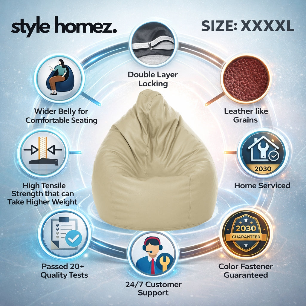 Style Homez Premium Leatherette Classic Jumbo Bean Bag Jumbo Size SAC BEIGE Color Filled with Beans Fillers