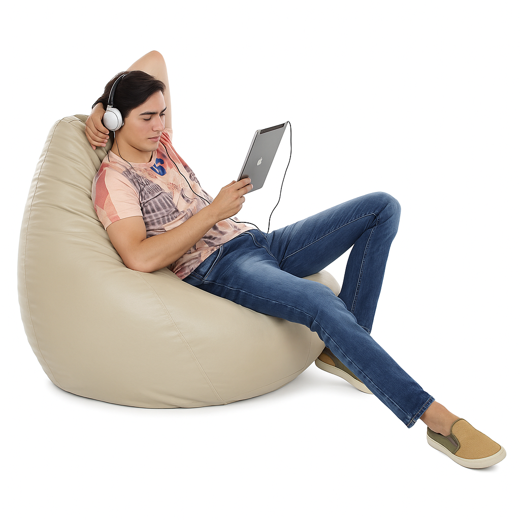 Style Homez Premium Leatherette Classic Jumbo Bean Bag Jumbo Size SAC BEIGE Color Filled with Beans Fillers