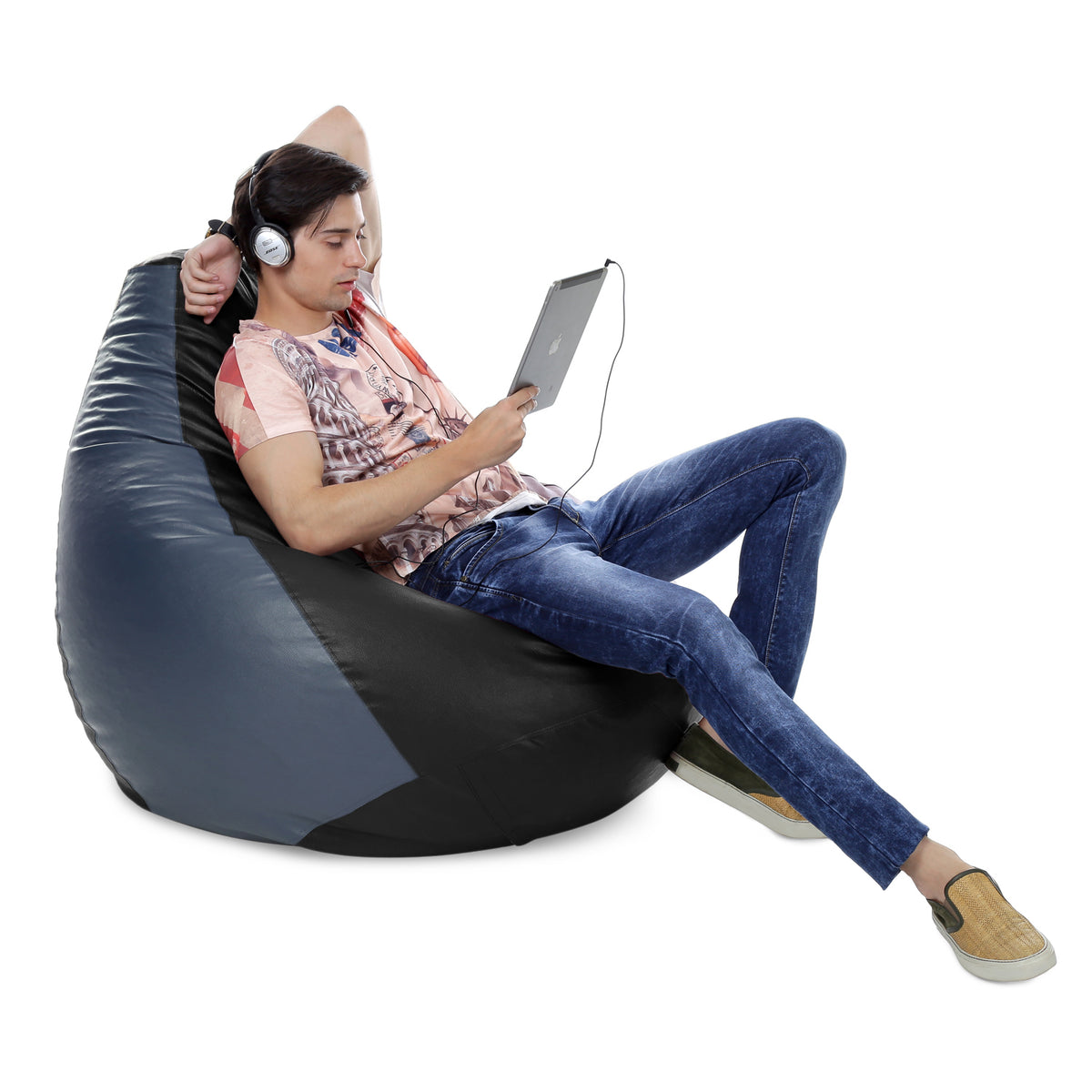 Style Homez Premium Leatherette Classic Jumbo Bean Bag Jumbo Size SAC Black Grey Color Filled with Beans Fillers