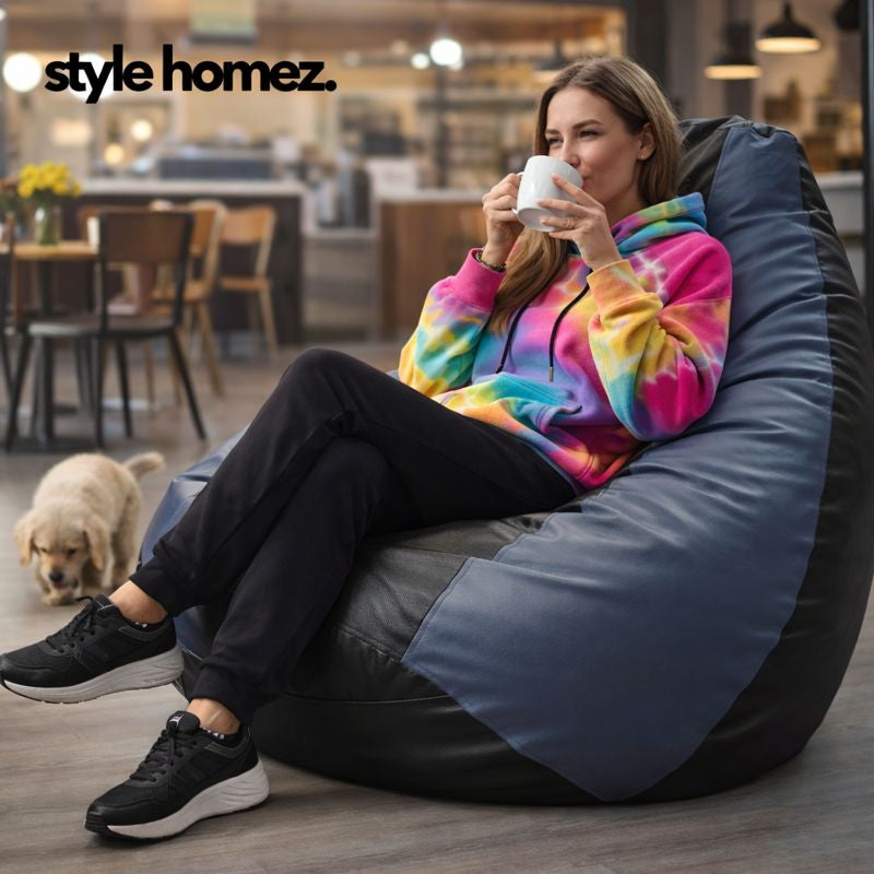 Style Homez Premium Leatherette Classic Jumbo Bean Bag Jumbo Size SAC Black Grey Color Filled with Beans Fillers