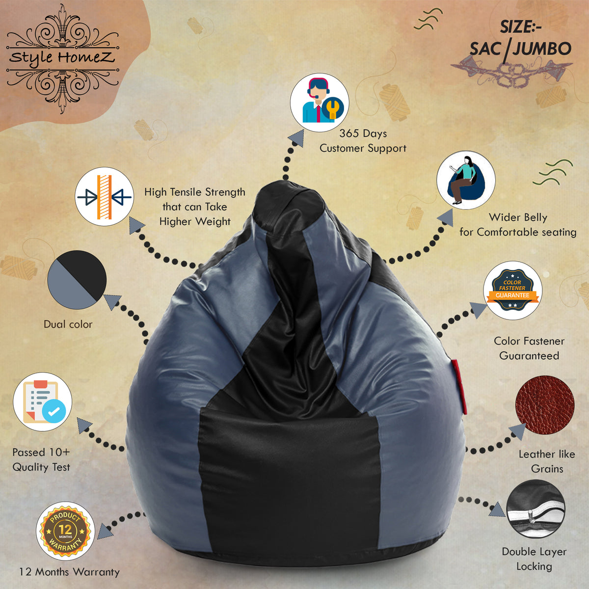 Style Homez Premium Leatherette Classic Jumbo Bean Bag Jumbo Size SAC Black Grey Color Filled with Beans Fillers