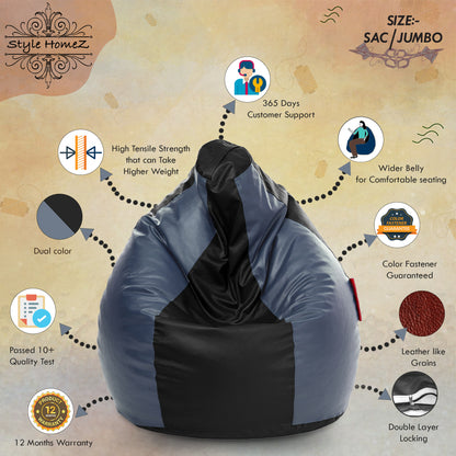 Style Homez Premium Leatherette Classic Jumbo Bean Bag Jumbo Size SAC Black Grey Color Filled with Beans Fillers