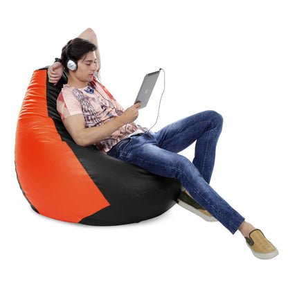 Style Homez Premium Leatherette Classic Jumbo Bean Bag Jumbo Size SAC Black Orange Color Filled with Beans Fillers