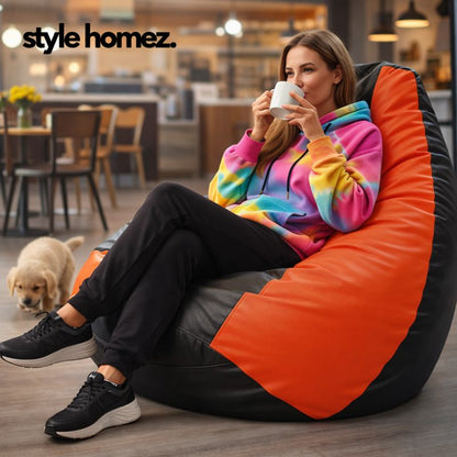 Style Homez Premium Leatherette Classic Jumbo Bean Bag Jumbo Size SAC Black Orange Color Filled with Beans Fillers