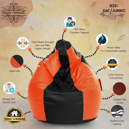 Style Homez Premium Leatherette Classic Jumbo Bean Bag Jumbo Size SAC Black Orange Color Filled with Beans Fillers