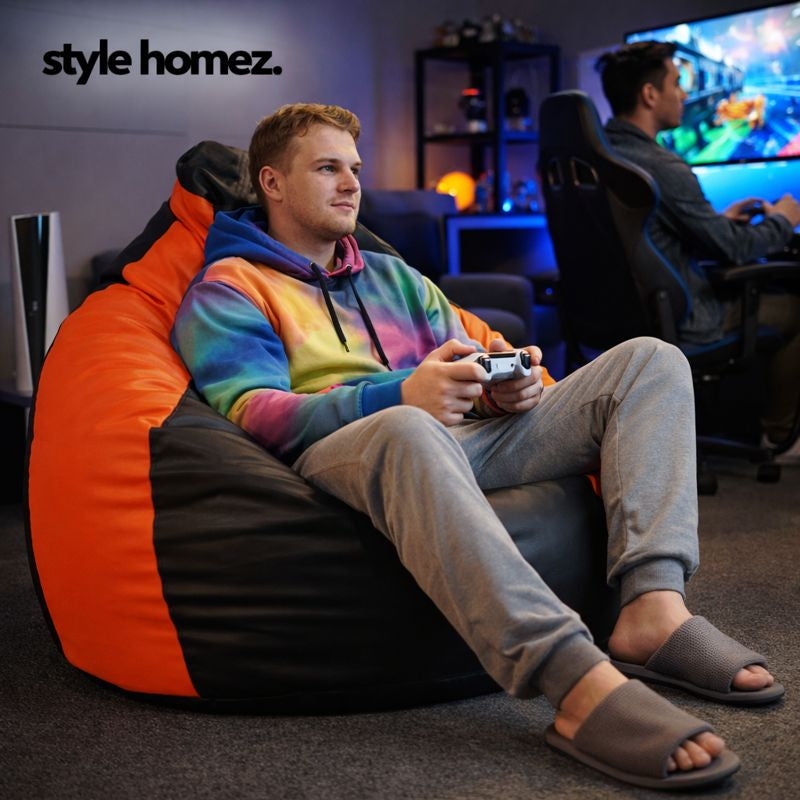 Style Homez Premium Leatherette Classic Jumbo Bean Bag Jumbo Size SAC Black Orange Color Filled with Beans Fillers