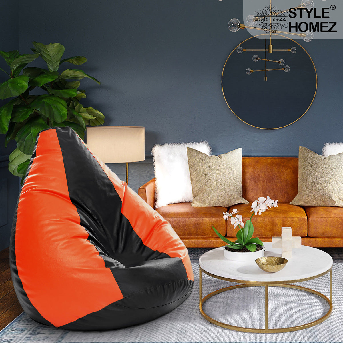 Style Homez Premium Leatherette Classic Jumbo Bean Bag Jumbo Size SAC Black Orange Color Filled with Beans Fillers