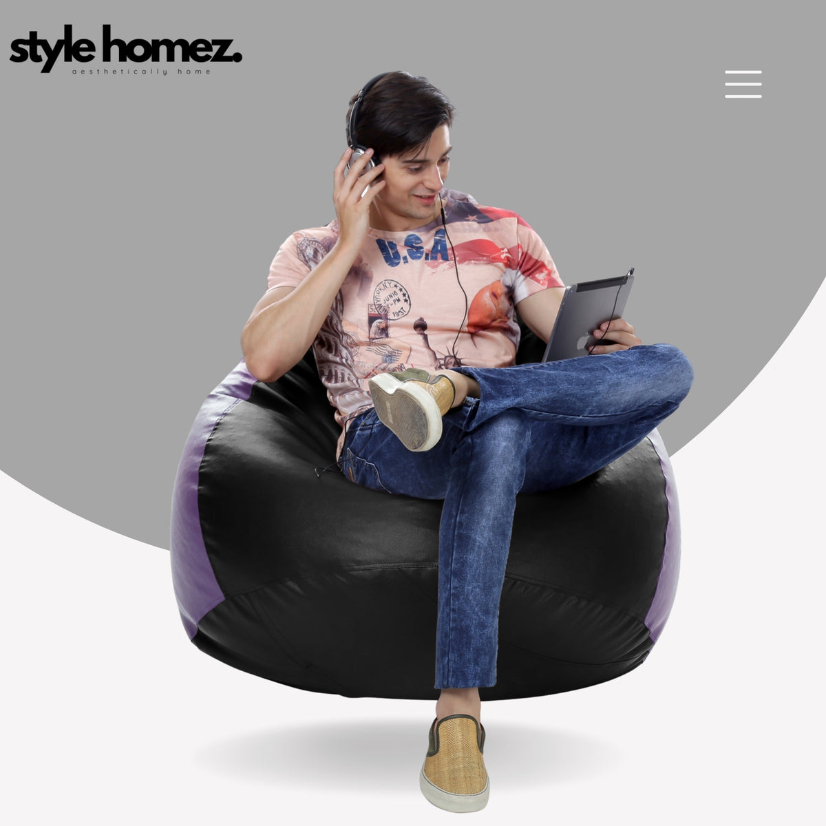 Style Homez Premium Leatherette Classic Jumbo Bean Bag Jumbo Size SAC Black Purple Color Filled with Beans Fillers