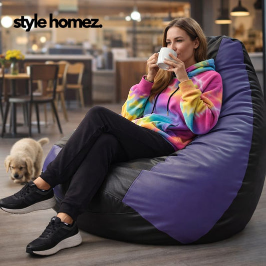 Style Homez Premium Leatherette Classic Jumbo Bean Bag Jumbo Size SAC Black Purple Color Filled with Beans Fillers