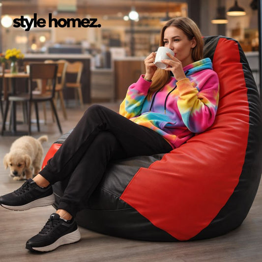 Style Homez Premium Leatherette Classic Jumbo Bean Bag Jumbo Size SAC Black Red Color Filled with Beans Fillers