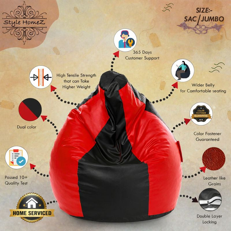 Style Homez Premium Leatherette Classic Jumbo Bean Bag Jumbo Size SAC Black Red Color Filled with Beans Fillers